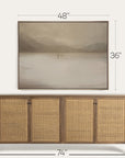 wooden sideboard with rattan doors and dimensions displayed above it on a white background 