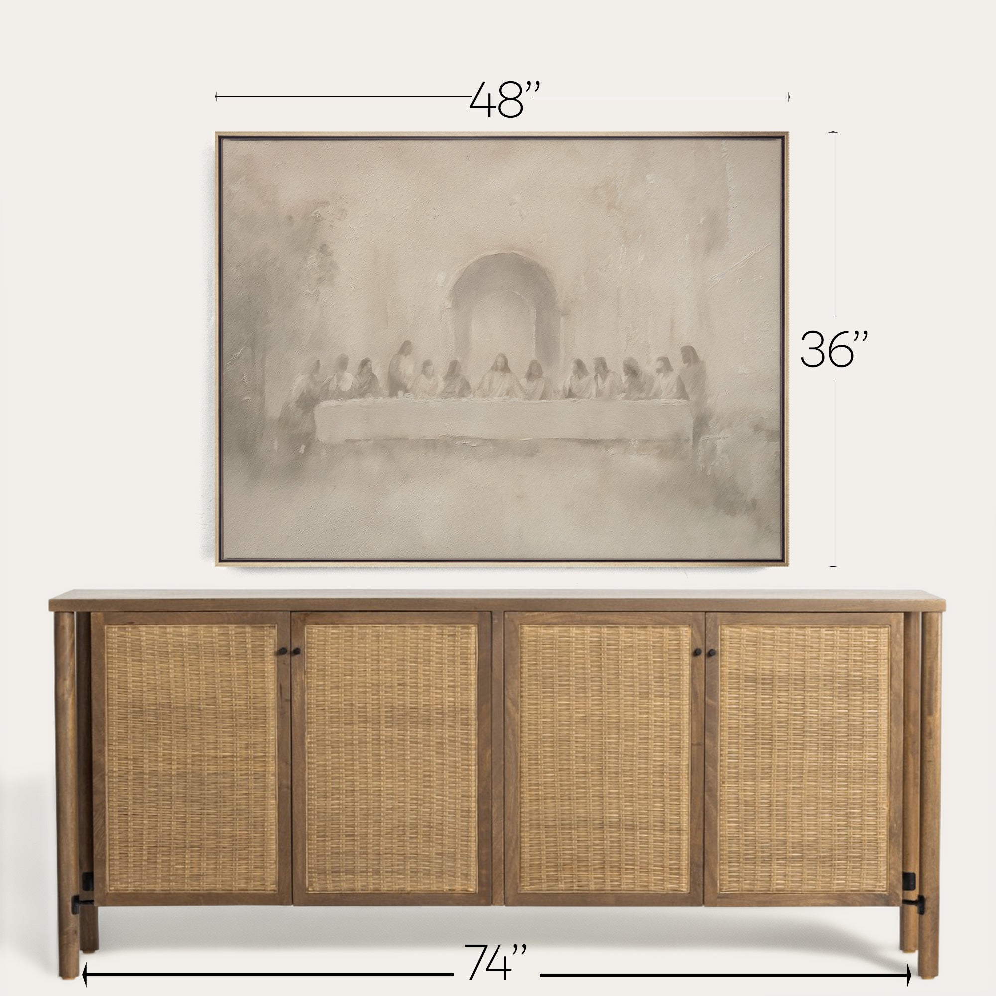 Framed artwork above a wooden sideboard with dimensions indicated. 