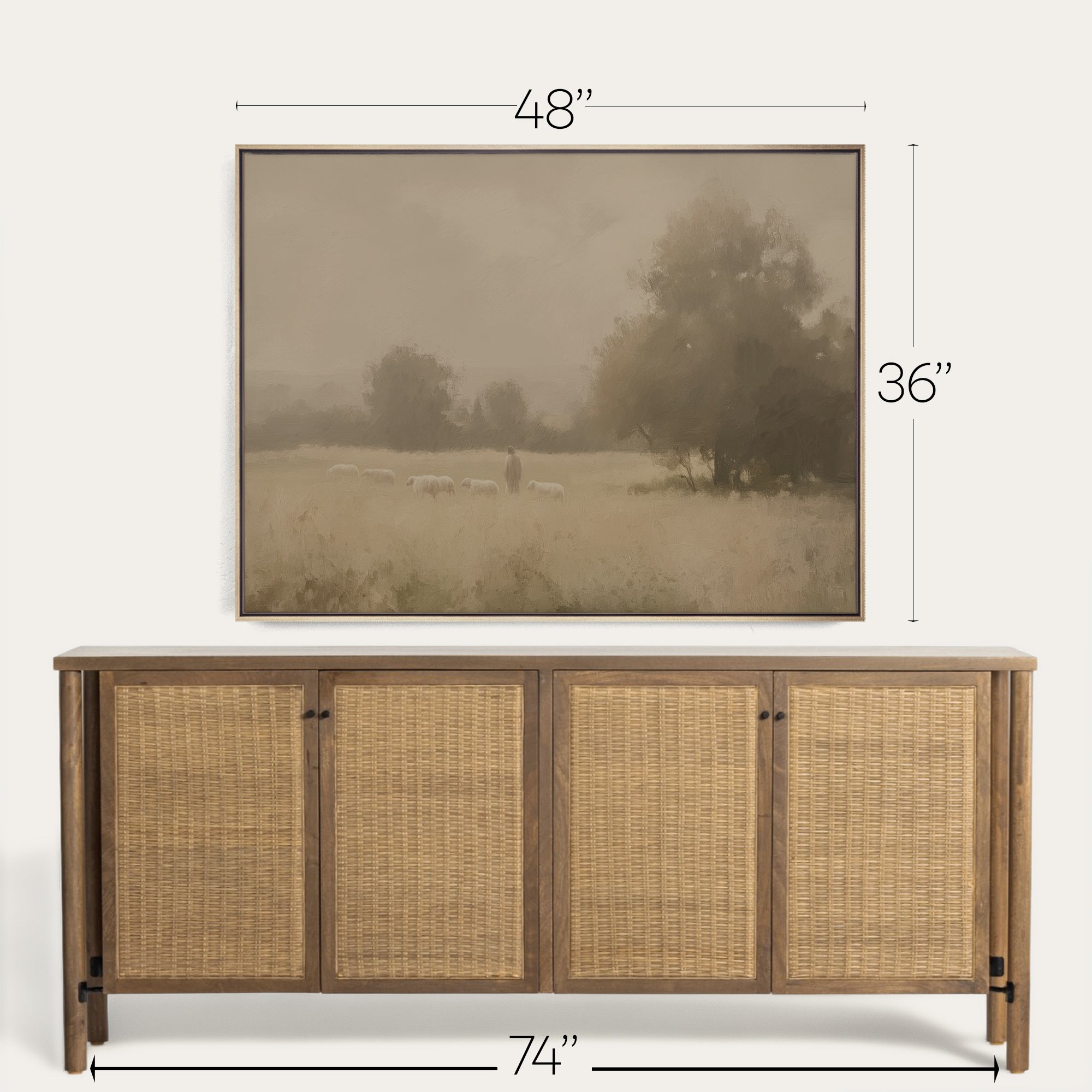 Framed landscape painting above a wooden sideboard with dimensions indicated. 