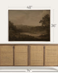 framed landscape painting above a wooden sideboard with dimensions indicated. 
