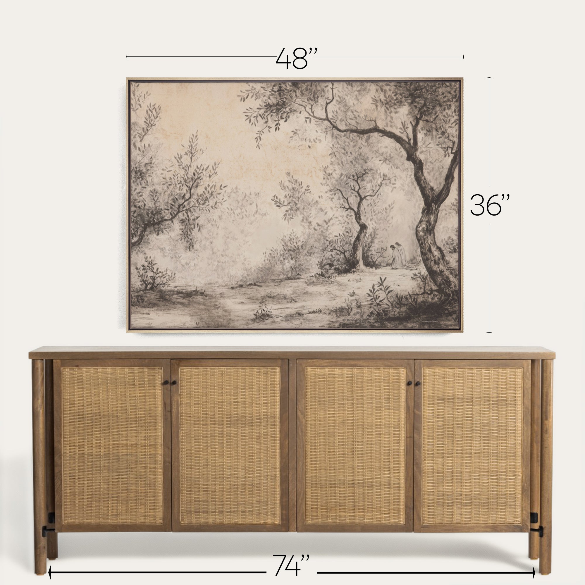 Wooden sideboard with wicker doors and framed landscape art above it, with measurements indicated. 