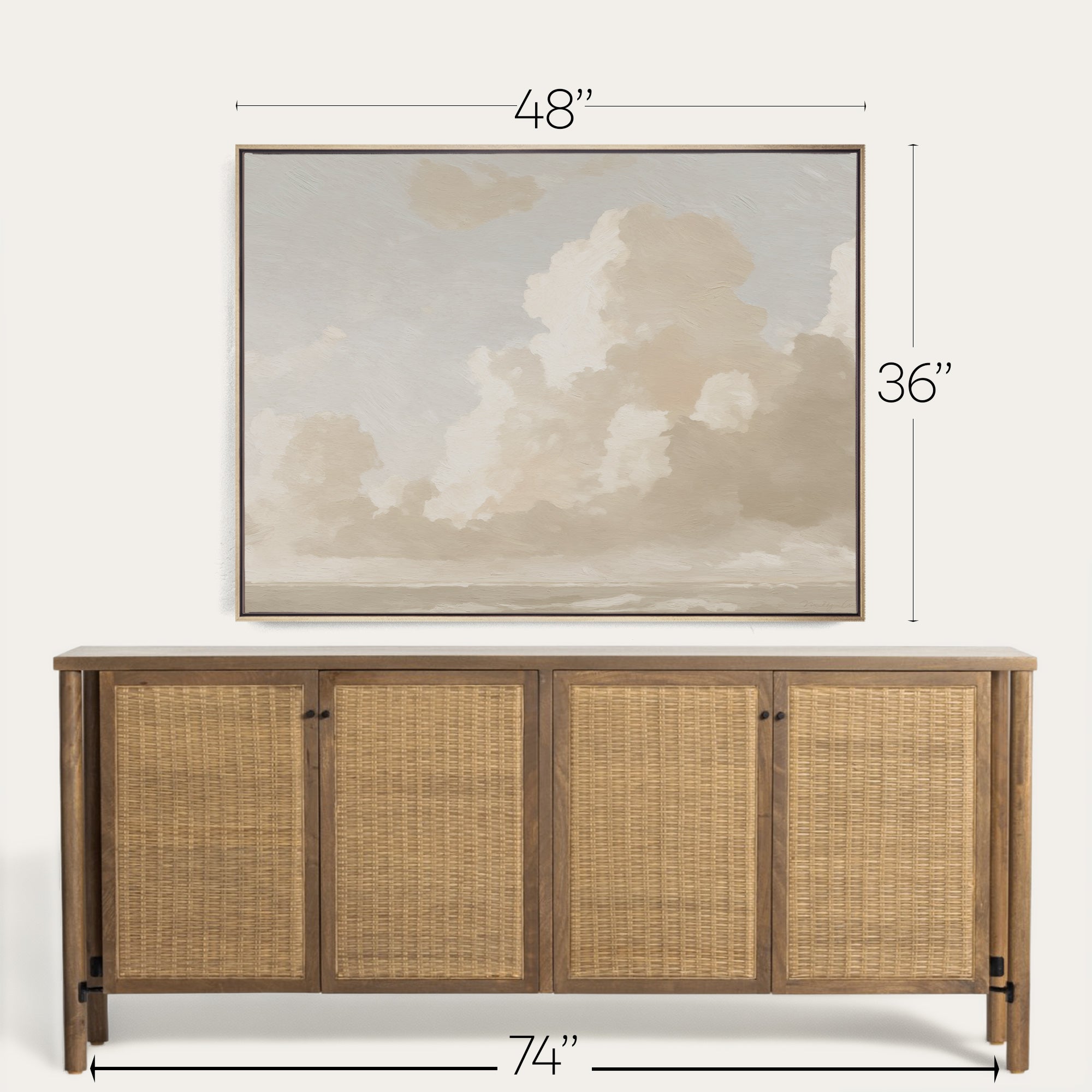 Wooden sideboard with rattan doors and framed artwork above it, with measurements indicated. 