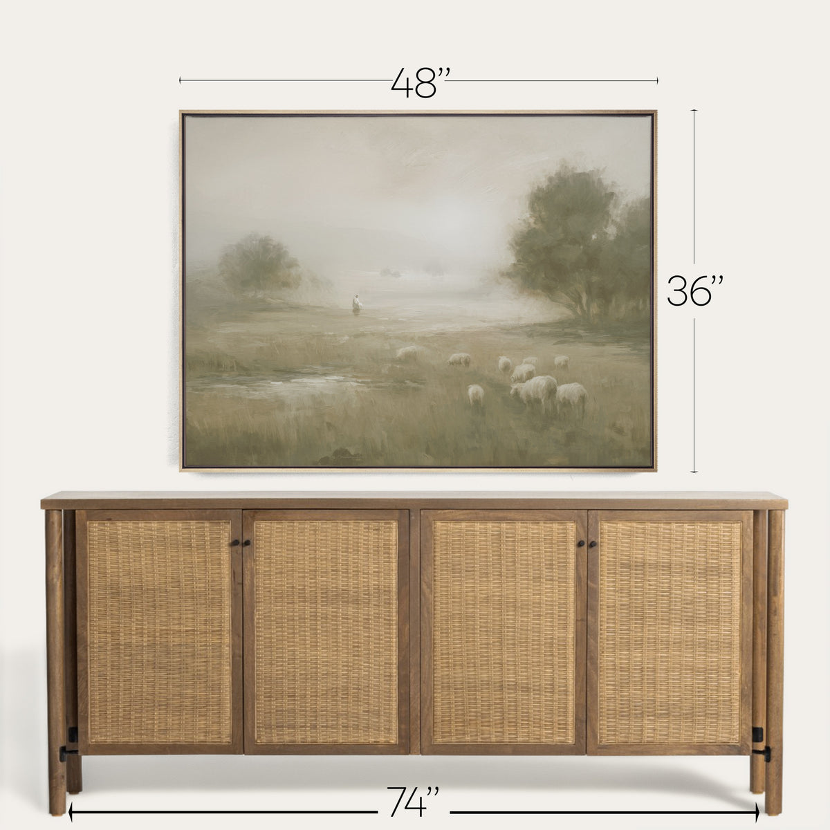 Framed landscape painting above a wooden sideboard with dimensions indicated. 