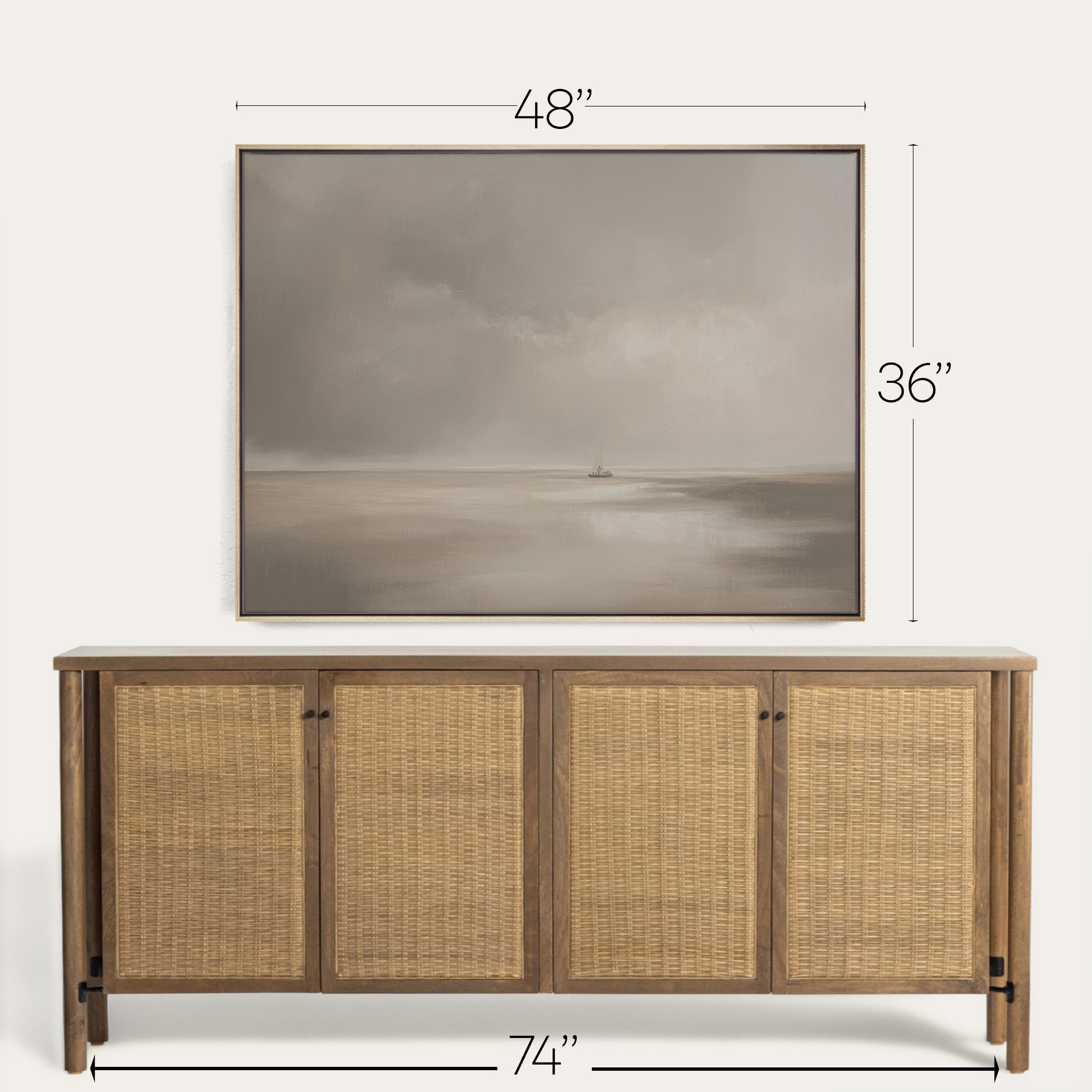 Wooden sideboard with wicker doors and a framed landscape painting above it, with measurements indicated. 