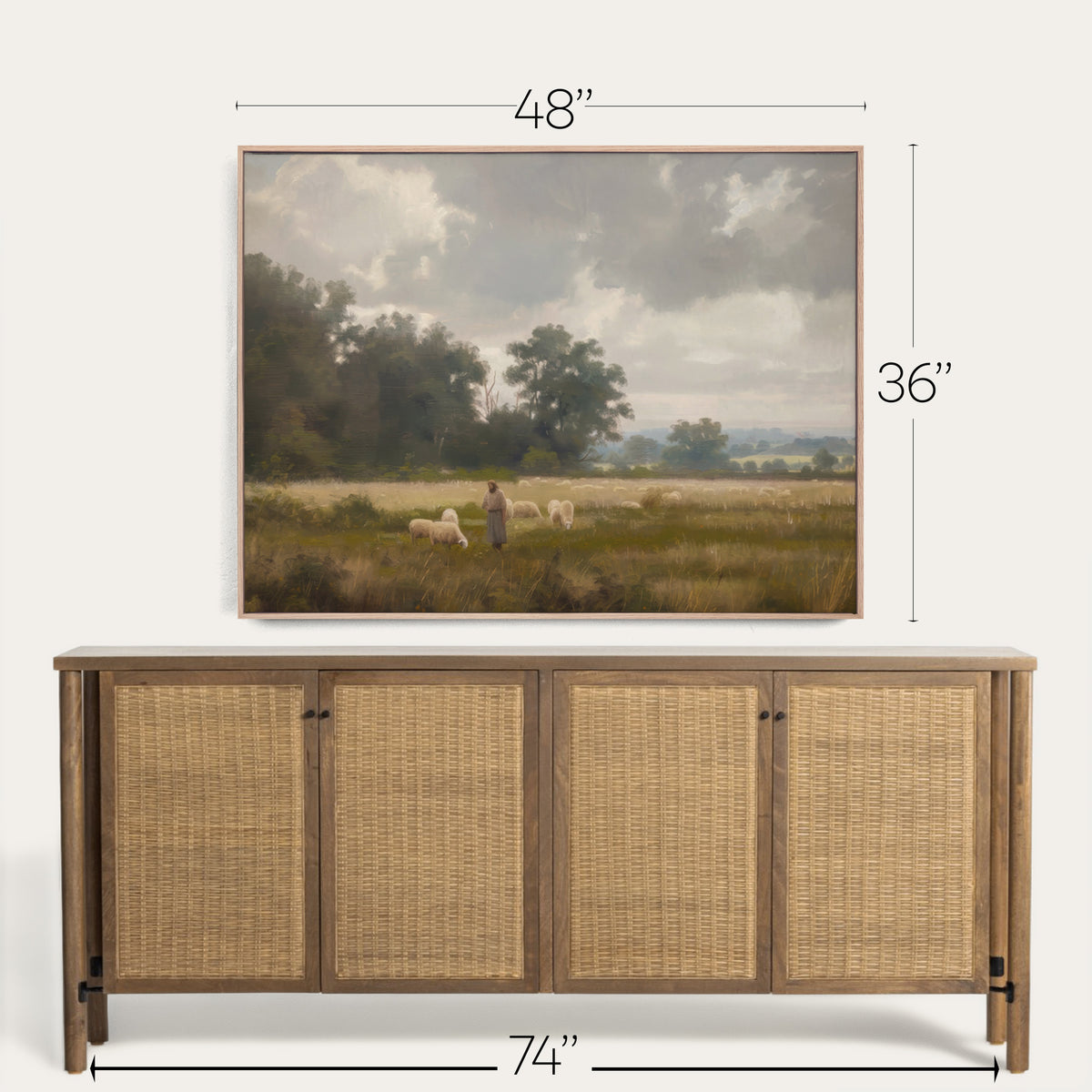 Framed landscape painting above a wooden sideboard with dimensions indicated. 