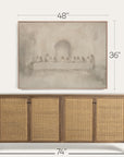 framed artwork above a wooden sideboard with dimensions indicated. 