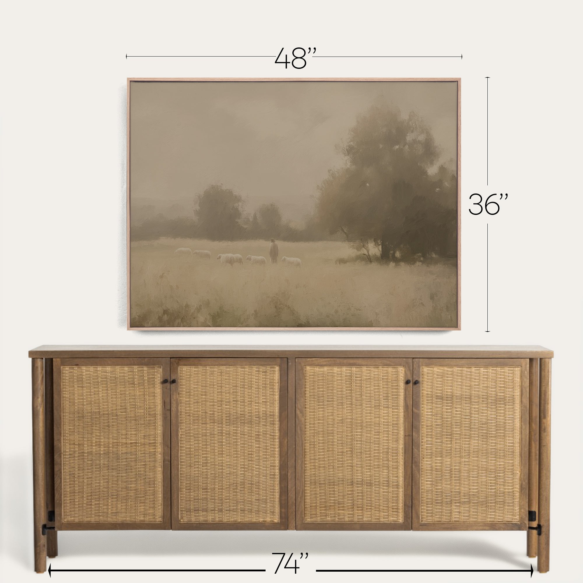 Framed landscape painting above a wooden sideboard with dimensions indicated. 