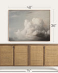wooden sideboard with wicker doors and framed artwork above it, showing dimensions. 