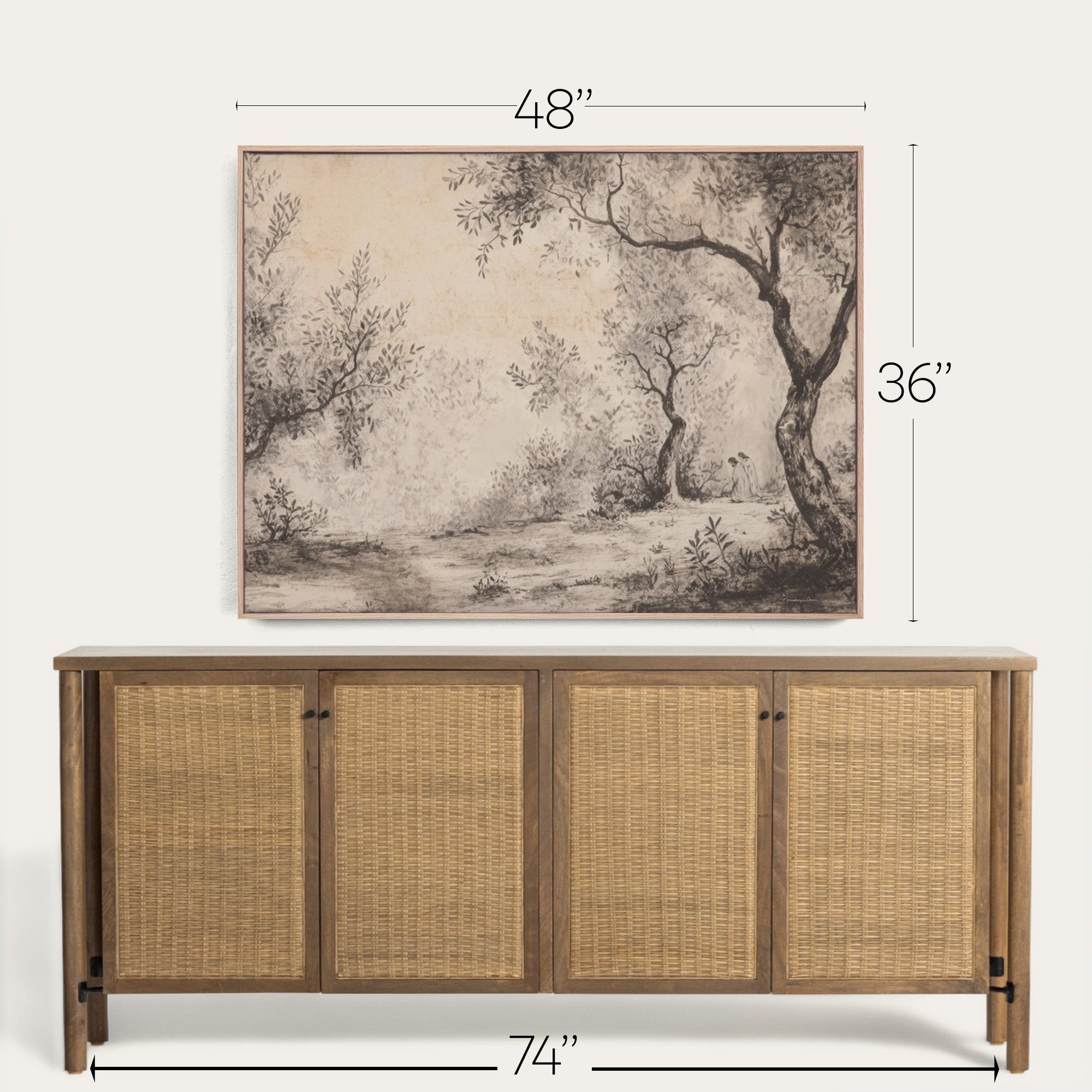Wooden sideboard with wicker doors and framed landscape art above it, with measurements indicated. 