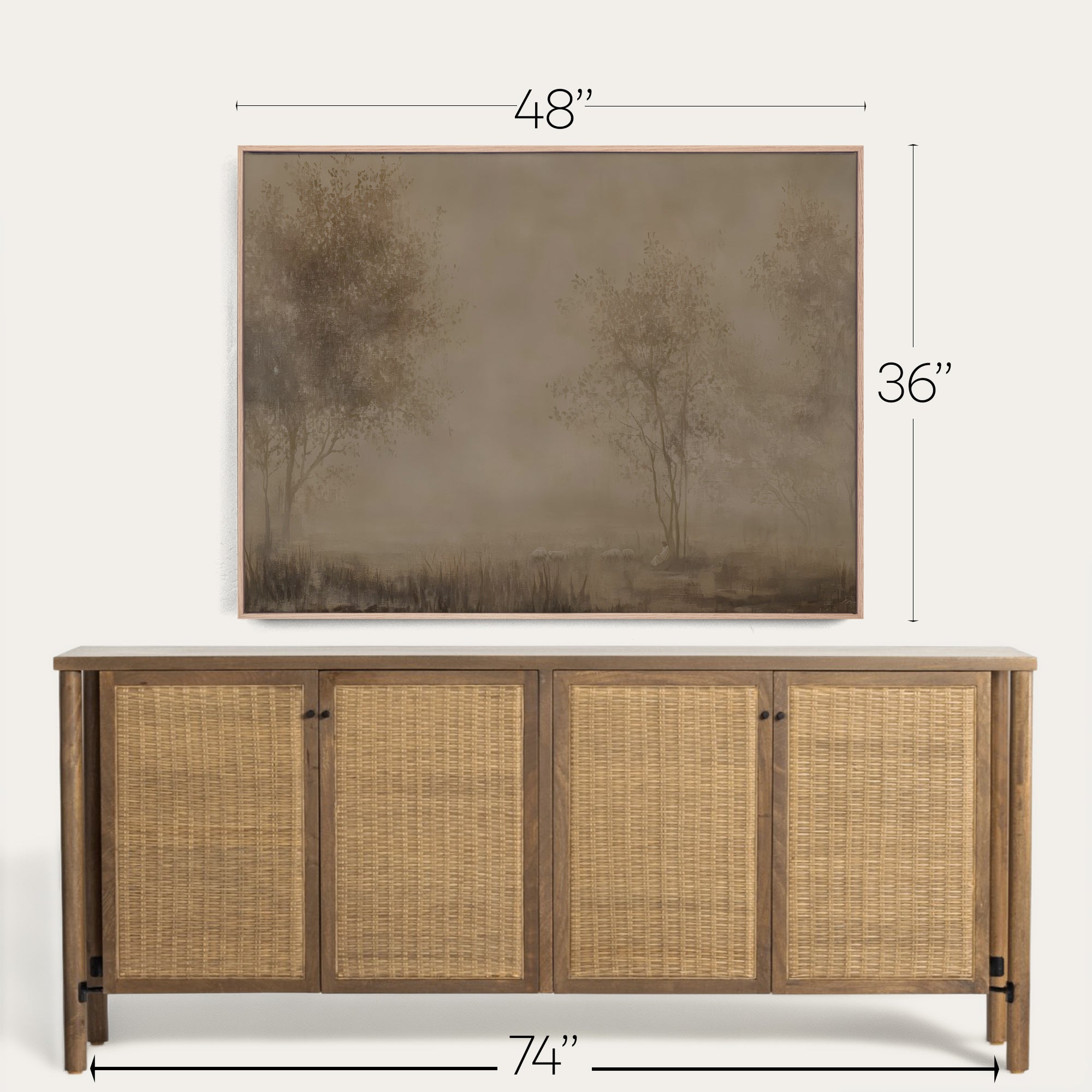Wooden sideboard with wicker doors and a framed landscape painting above it, with dimensions indicated. 