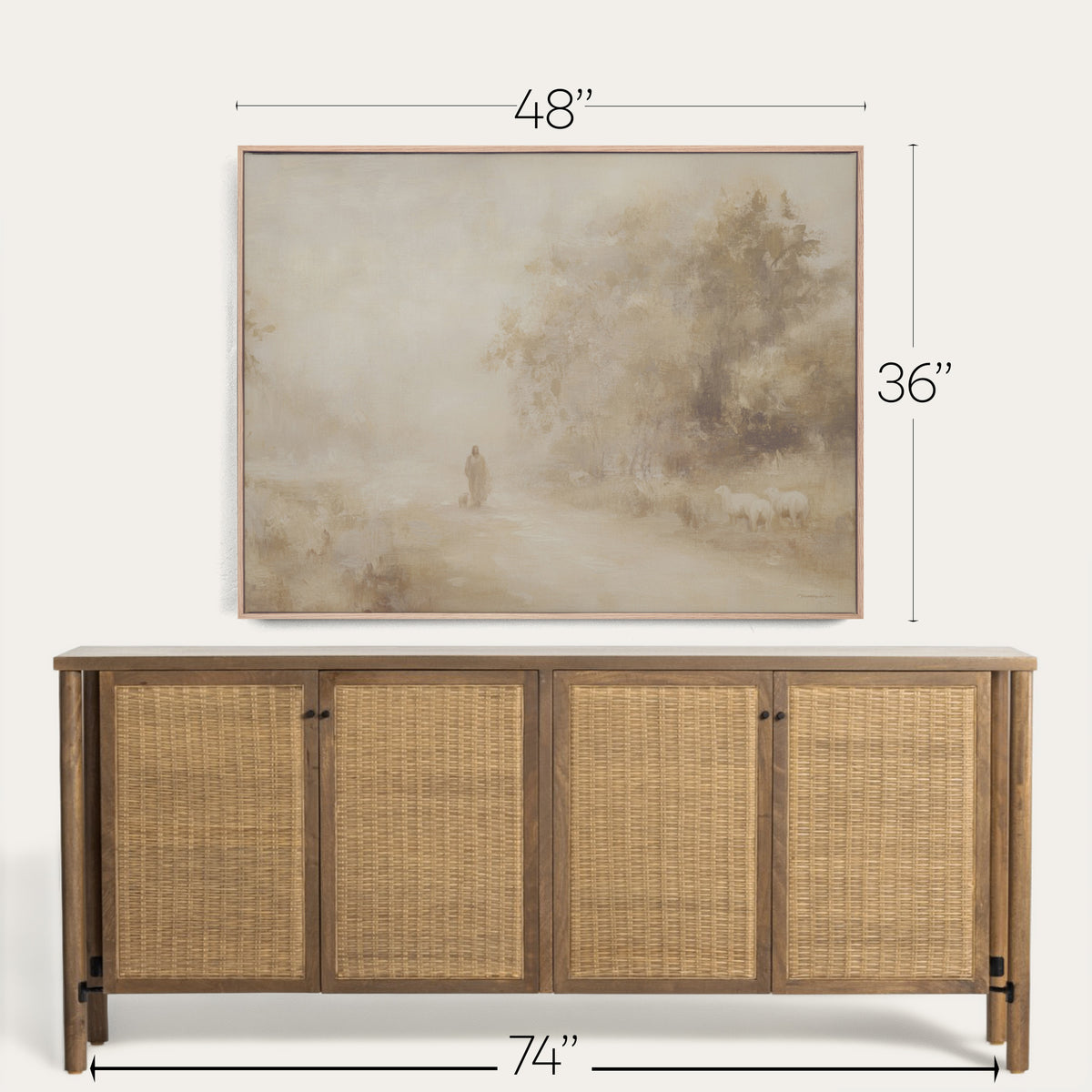 Wooden sideboard with wicker doors and dimensions displayed above it on a white background 