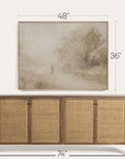 wooden sideboard with wicker doors and dimensions displayed above it on a white background 