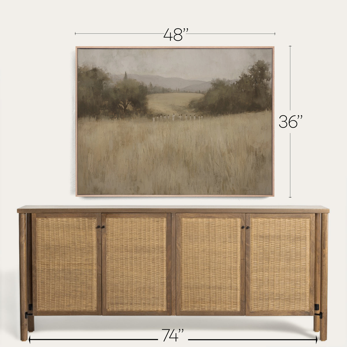 Framed landscape painting above a wooden sideboard with dimensions indicated. 