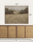 framed landscape painting above a wooden sideboard with dimensions indicated. 