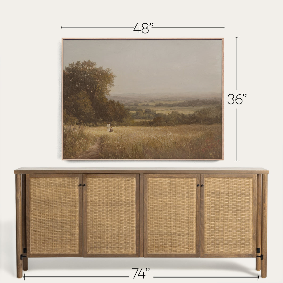 Framed landscape painting above a wooden sideboard with dimensions indicated. 