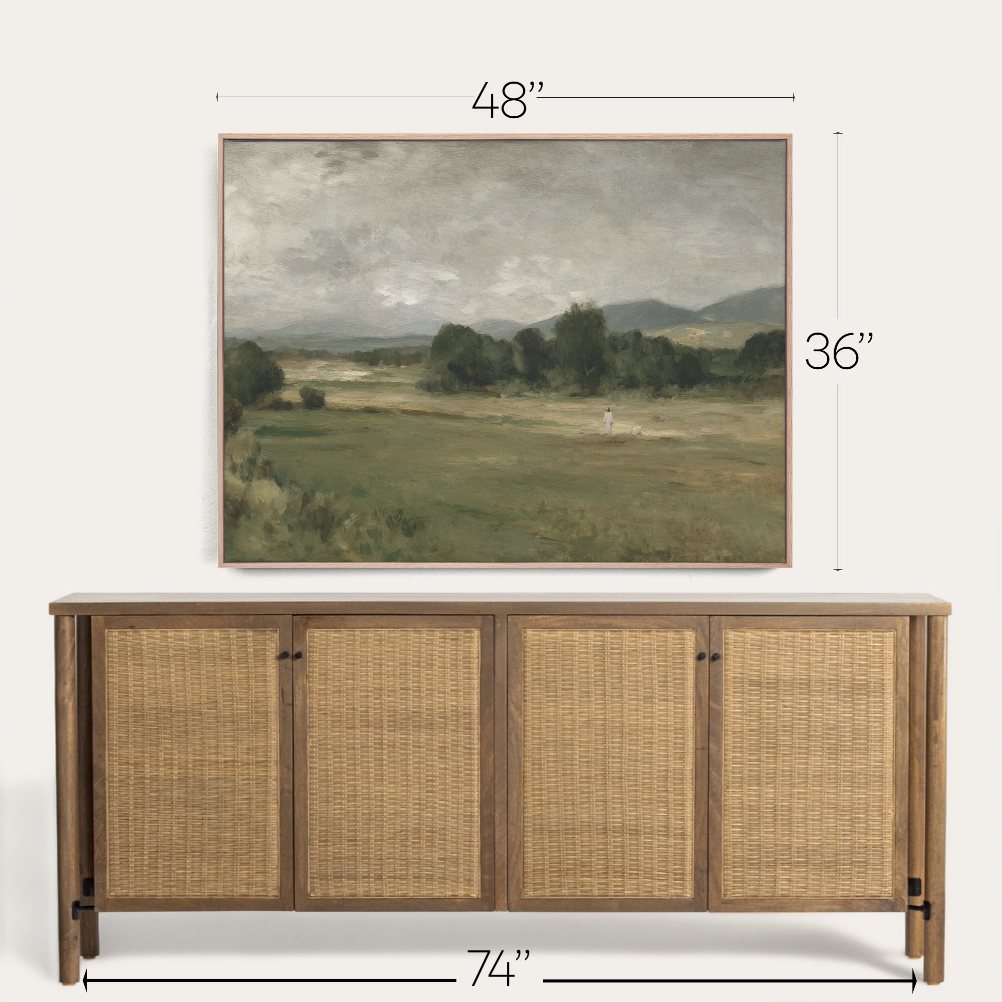 Framed landscape painting above a wooden sideboard with dimensions indicated. 
