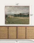 framed landscape painting above a wooden sideboard with dimensions indicated. 