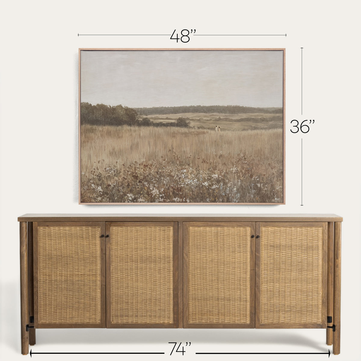 Wooden sideboard with wicker doors and framed landscape painting above, showing dimensions. 