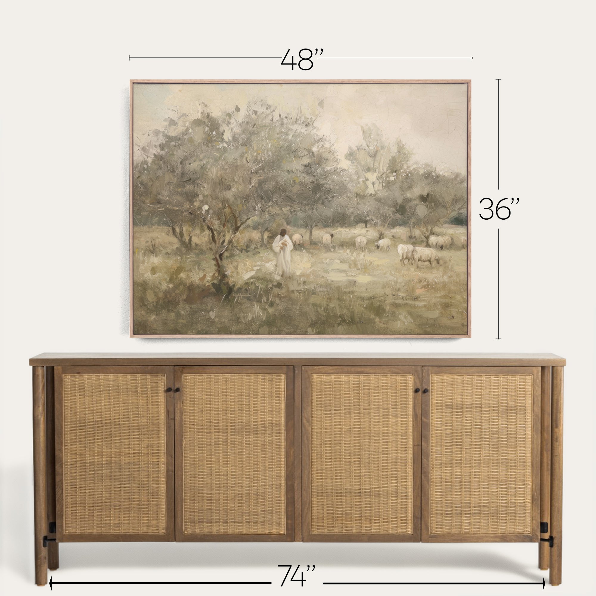 Framed landscape painting above a wooden sideboard with dimensions indicated. 