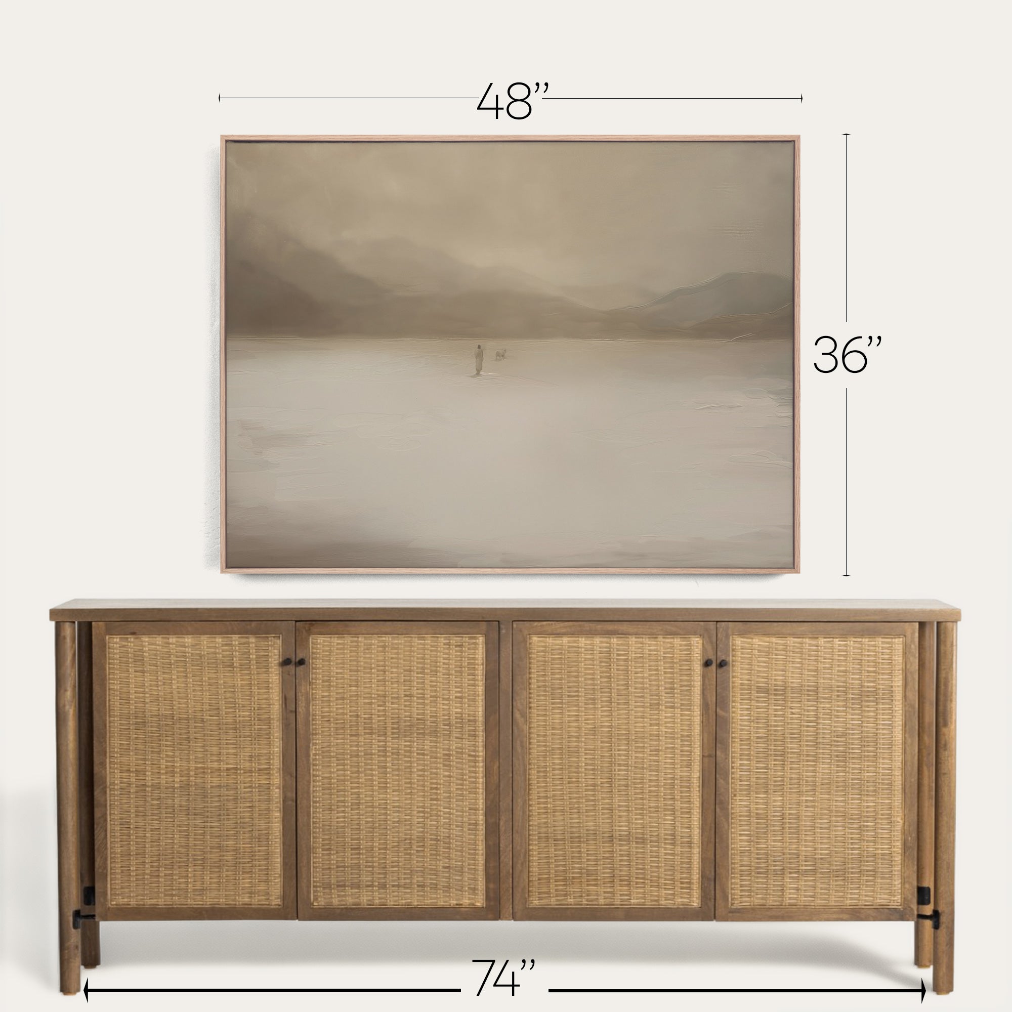 Wooden sideboard with wicker doors and dimensions on a white background 