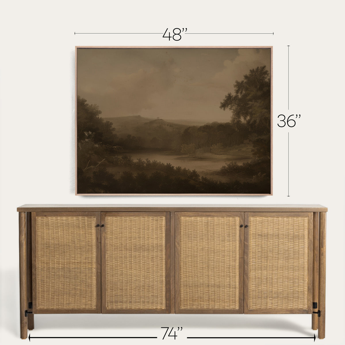 Framed landscape painting above a wooden sideboard with dimensions indicated. 