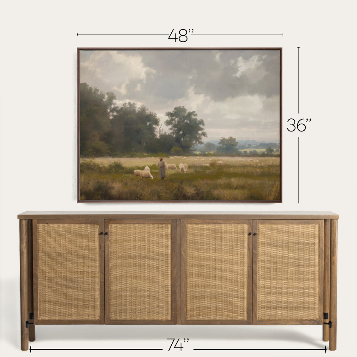 Framed landscape painting above a wooden sideboard with dimensions indicated. 