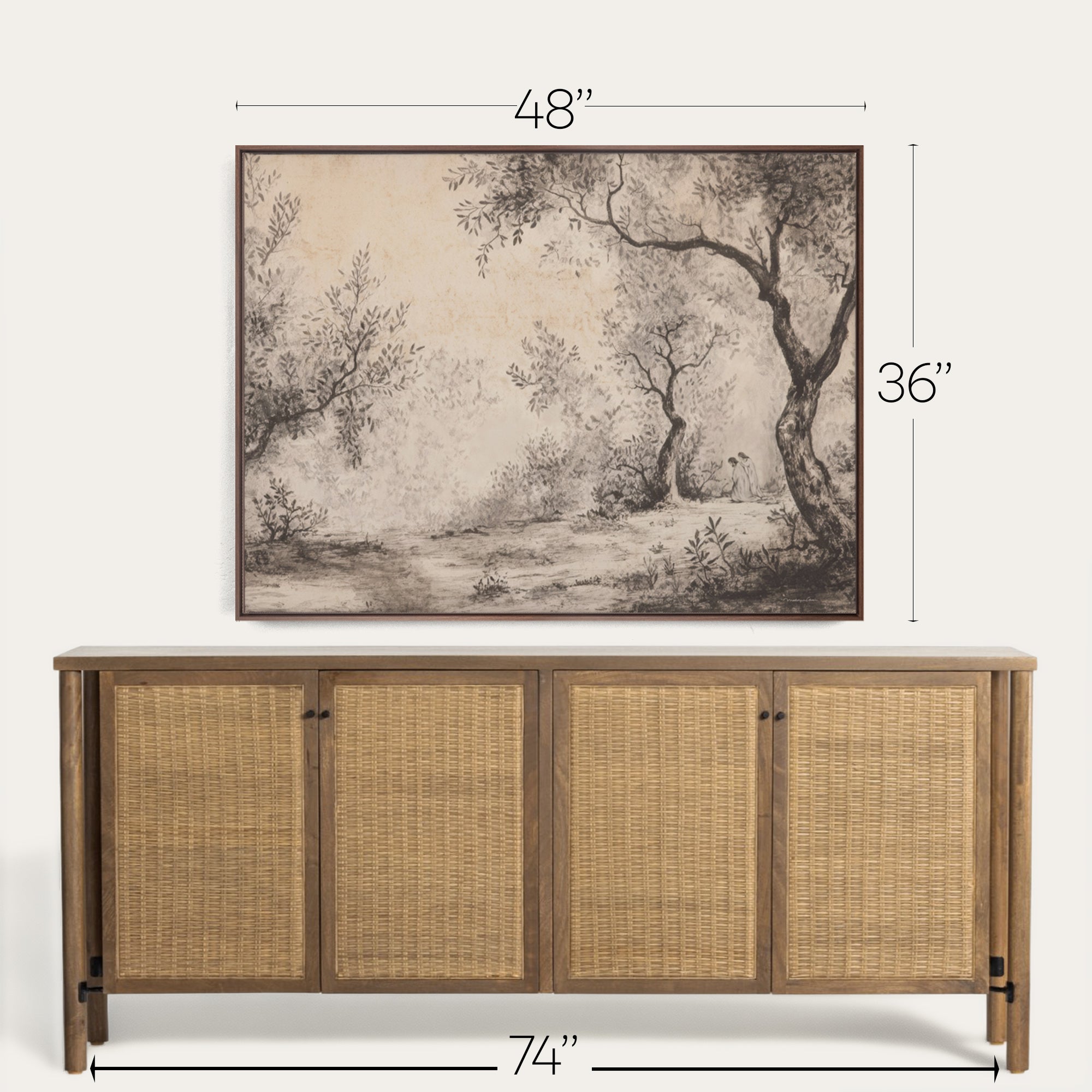 Wooden sideboard with wicker doors and framed landscape painting above, with dimensions displayed. 