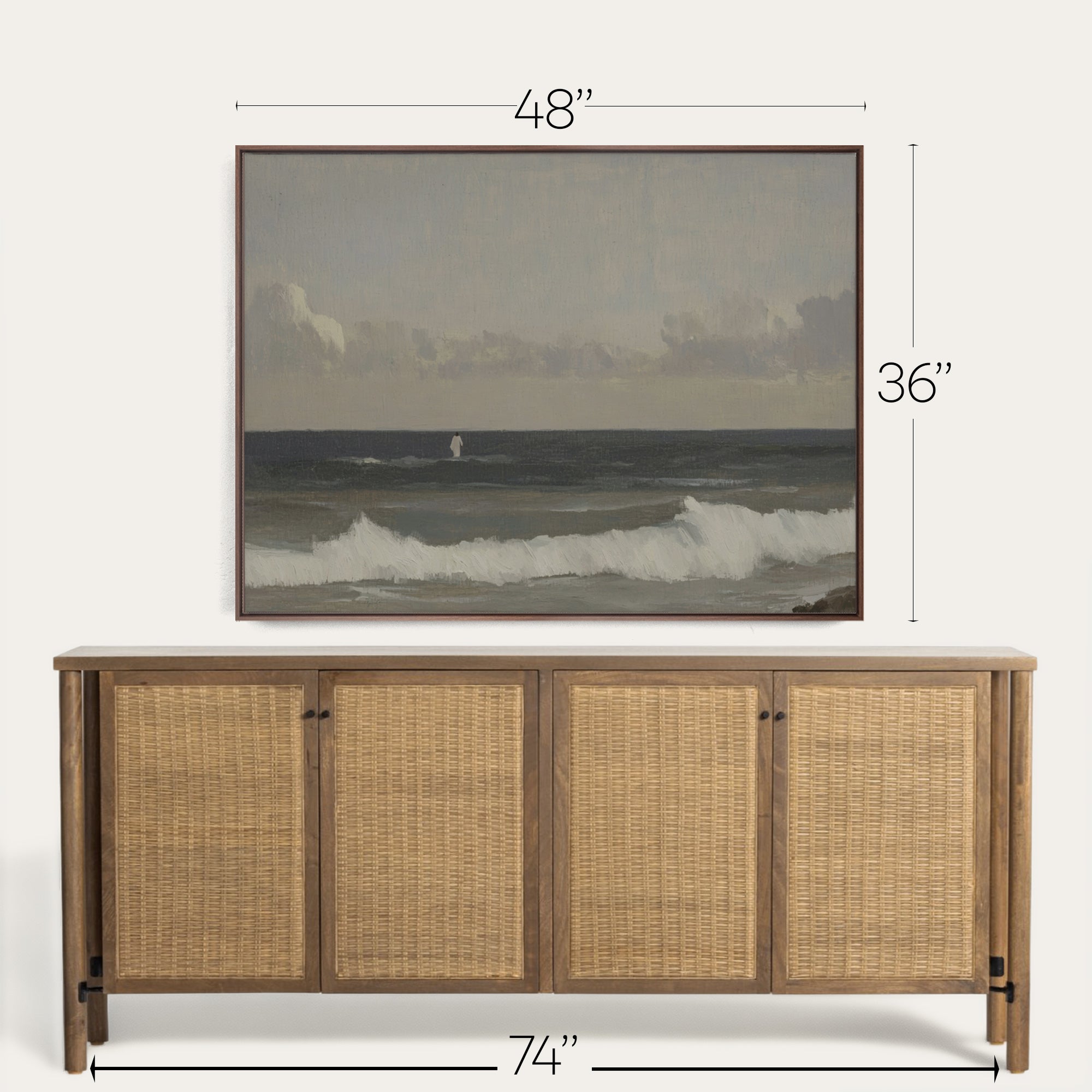 Wooden sideboard with wicker doors and framed artwork above it, showing dimensions. Walnut  