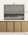 wooden sideboard with wicker doors and framed artwork above it, showing dimensions. walnut  