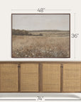 wooden sideboard with wicker doors and framed landscape art above it, with measurements indicated. 
