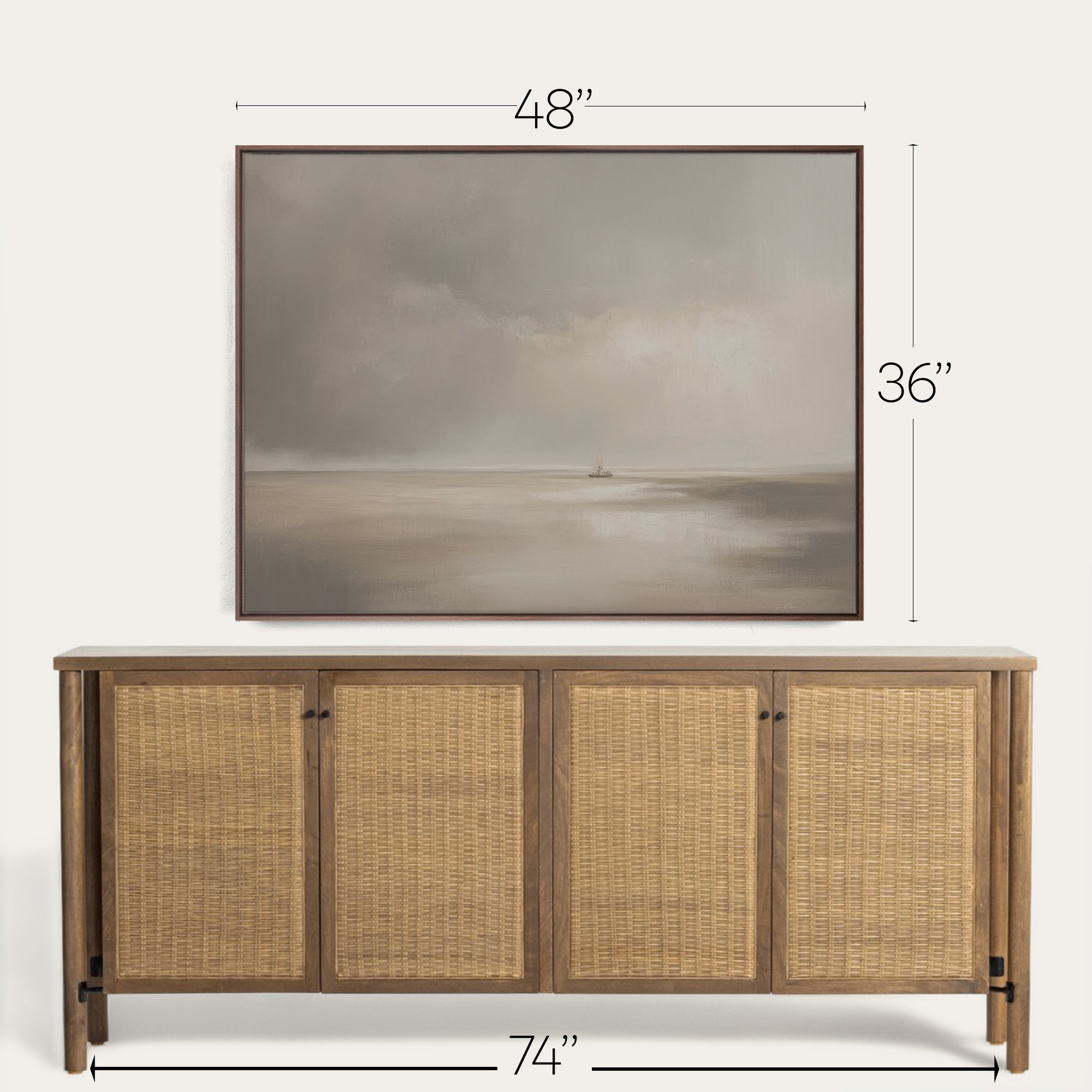 Wooden sideboard with wicker doors and a framed artwork above it, showing dimensions. 