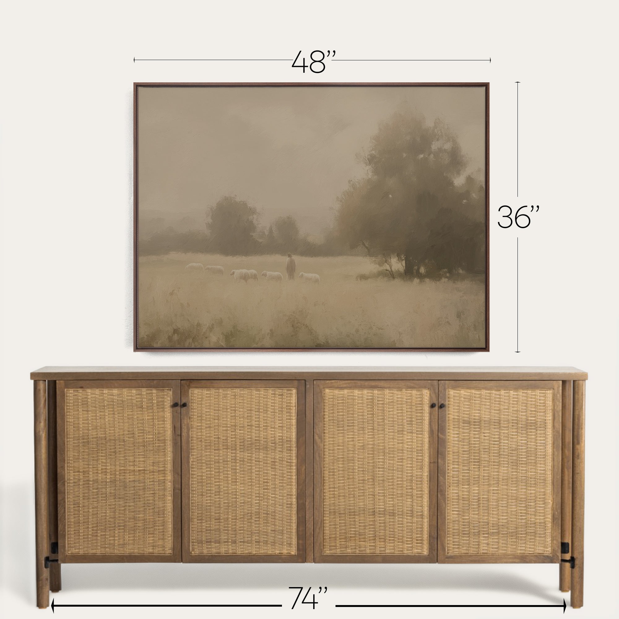 Framed landscape print above a wooden sideboard with dimensions indicated. 