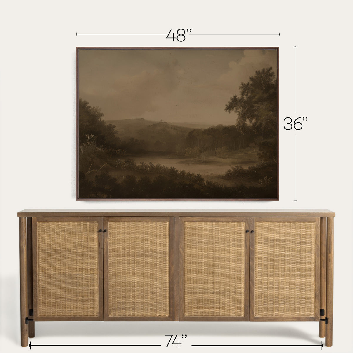 Wooden sideboard with wicker doors and a landscape painting above it, with measurements indicated. 