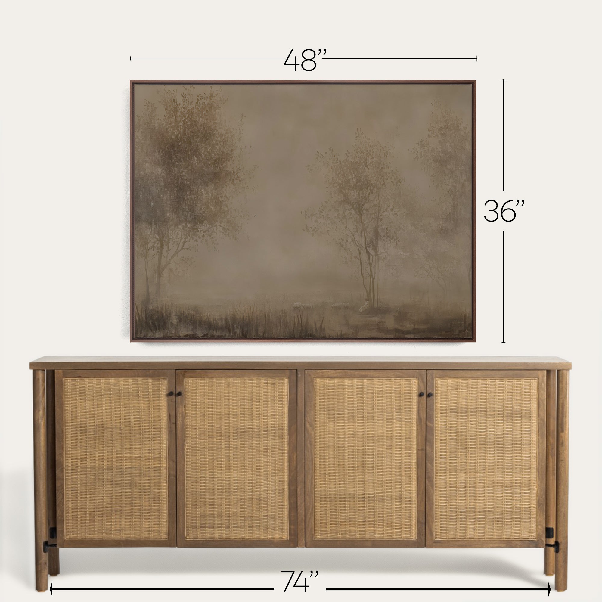 Wooden sideboard with wicker doors and dimensions displayed above a painting. 