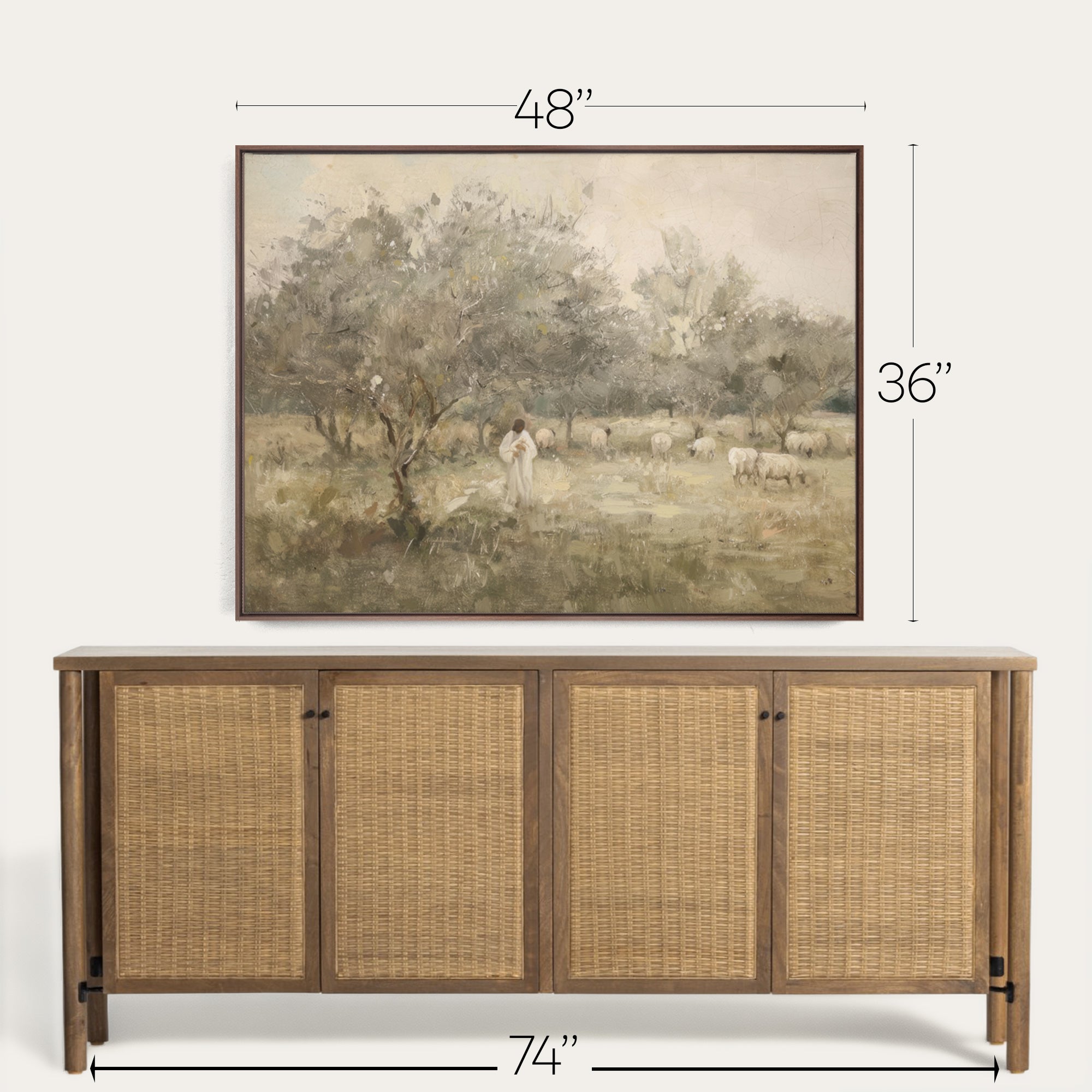 Framed landscape painting above a wooden sideboard with dimensions indicated. 