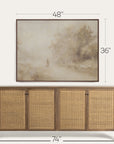 wooden sideboard with wicker doors and dimensions displayed above it on a white background 
