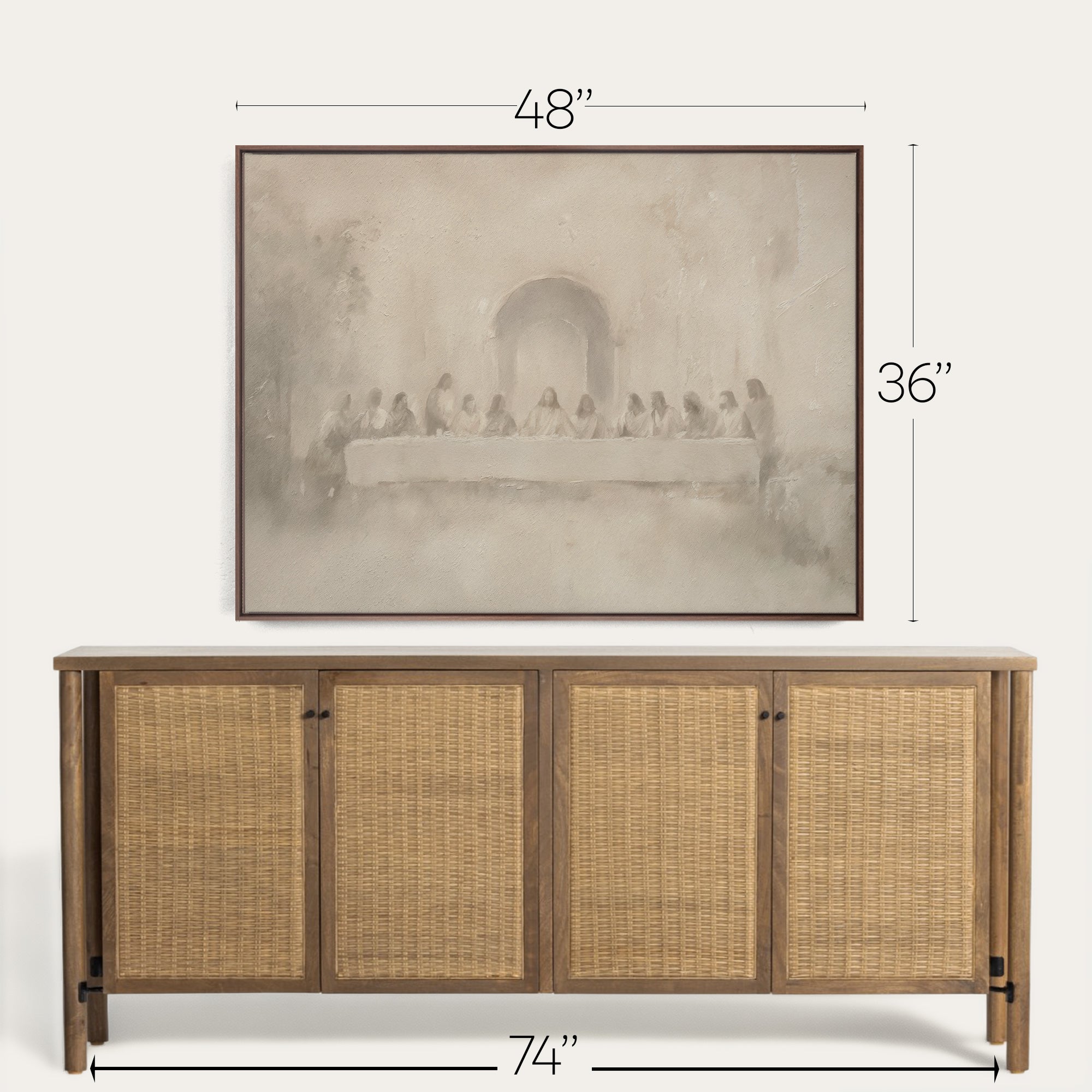Framed artwork above a wooden sideboard with dimensions indicated. 