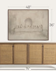 framed artwork above a wooden sideboard with dimensions indicated. 