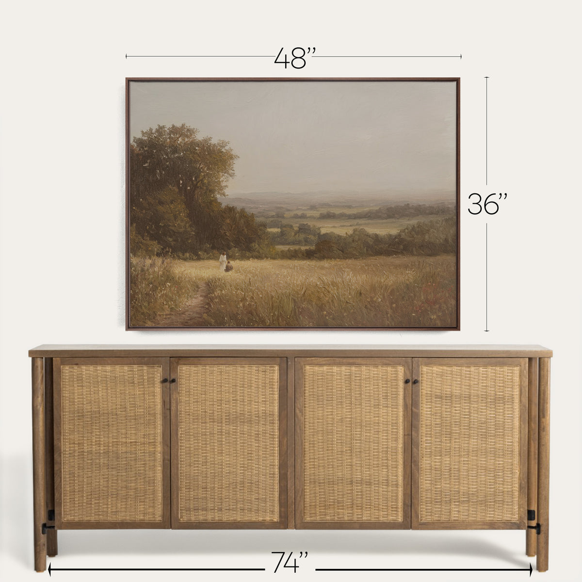 Wooden sideboard with wicker doors and a framed landscape painting above it, showing dimensions. 