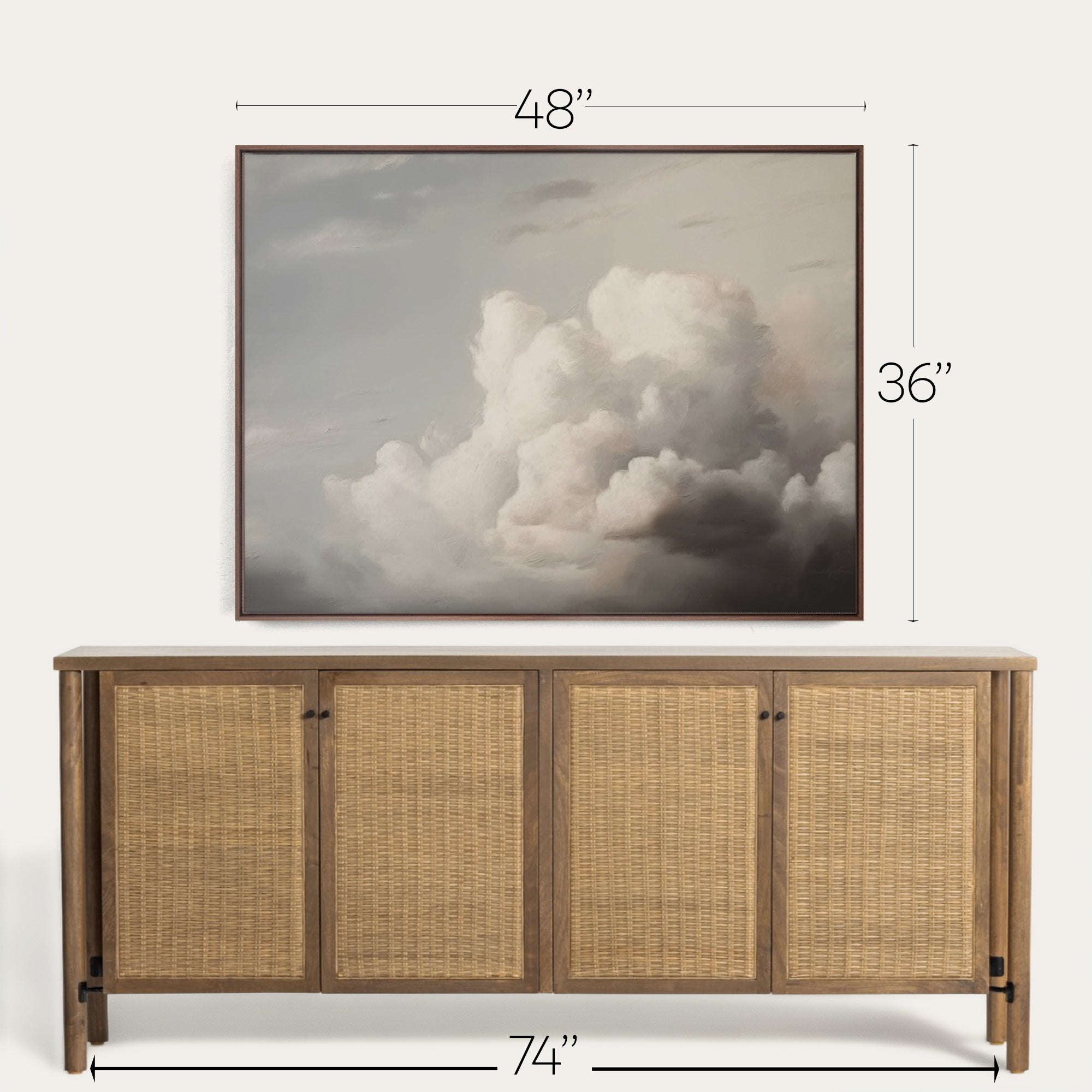 Framed artwork of clouds above a wooden sideboard with dimensions indicated. 