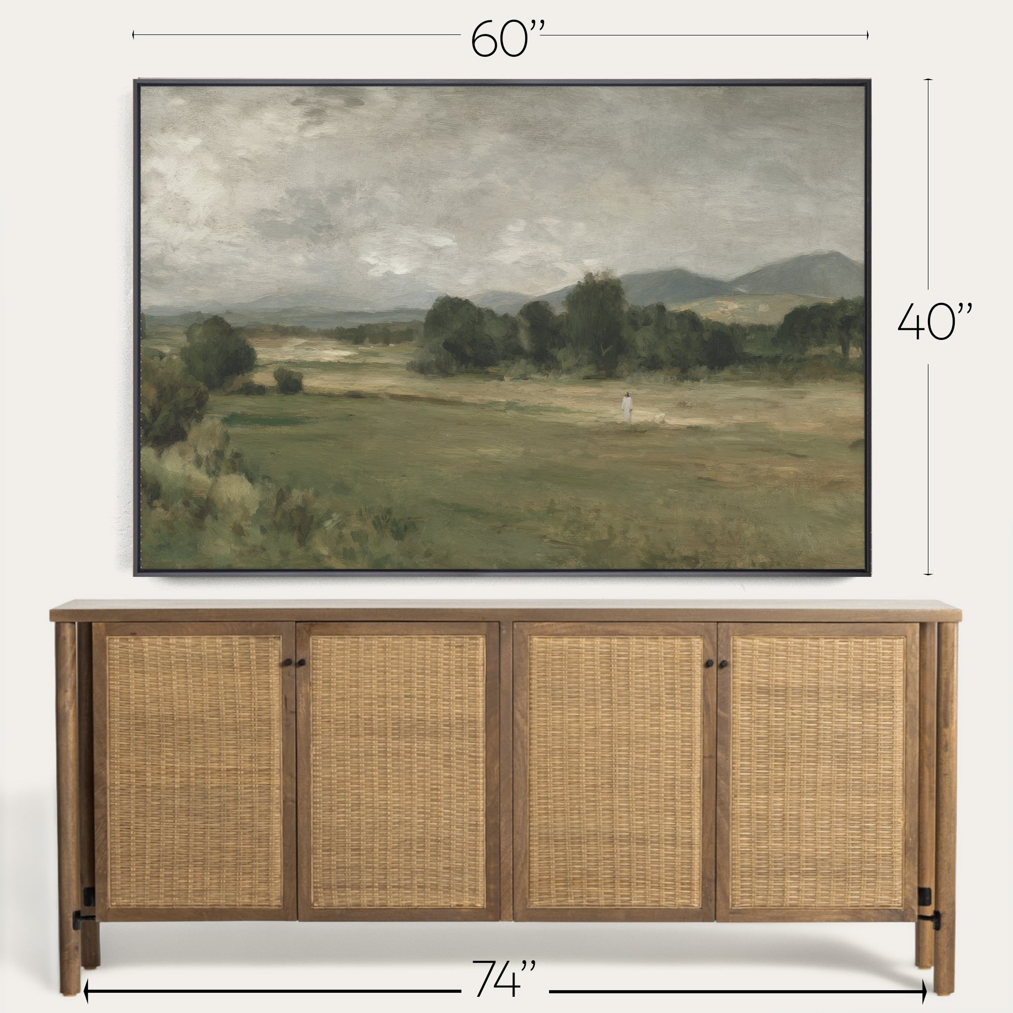Framed landscape painting above a wooden sideboard with dimensions indicated. 