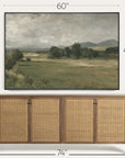 framed landscape painting above a wooden sideboard with dimensions indicated. 