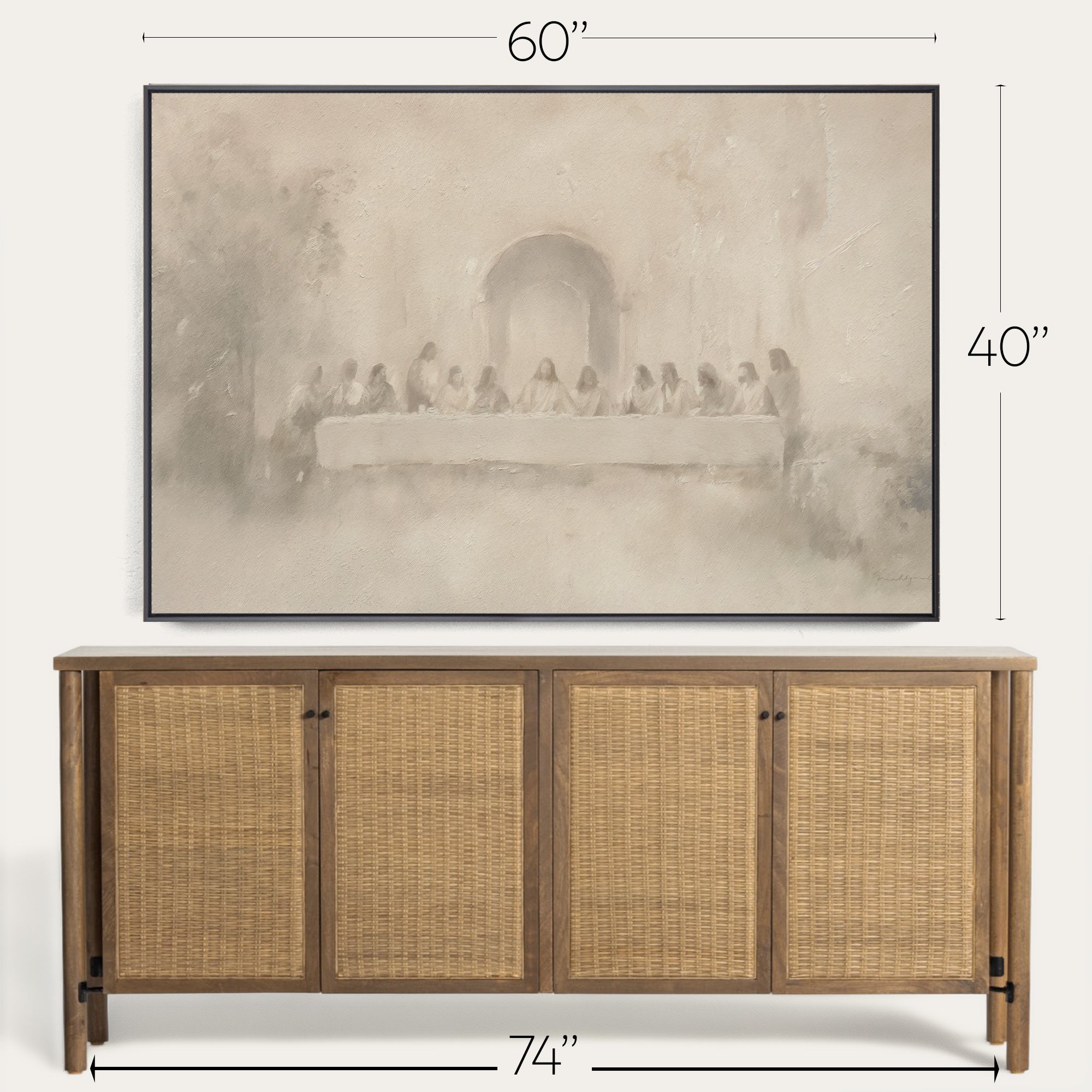 Framed artwork above a wooden sideboard with dimensions indicated. 