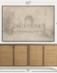 framed artwork above a wooden sideboard with dimensions indicated. 