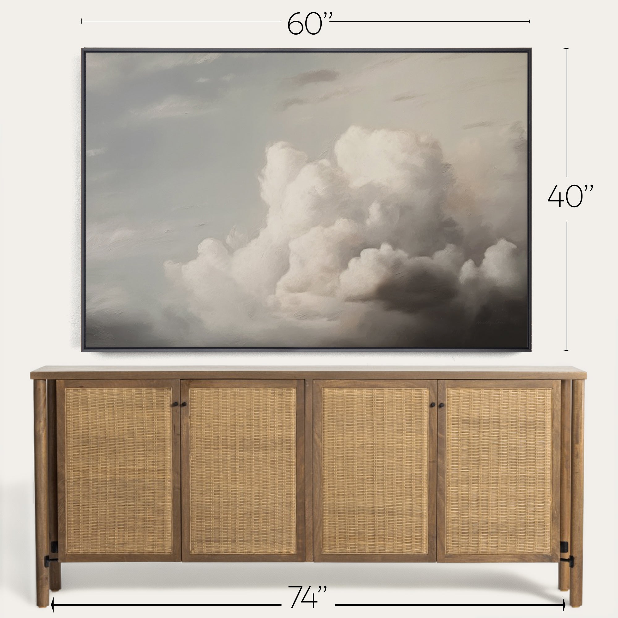 Wooden sideboard with wicker doors and a large cloud painting above it, with dimensions indicated. 