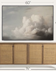 wooden sideboard with wicker doors and a large cloud painting above it, with dimensions indicated. 