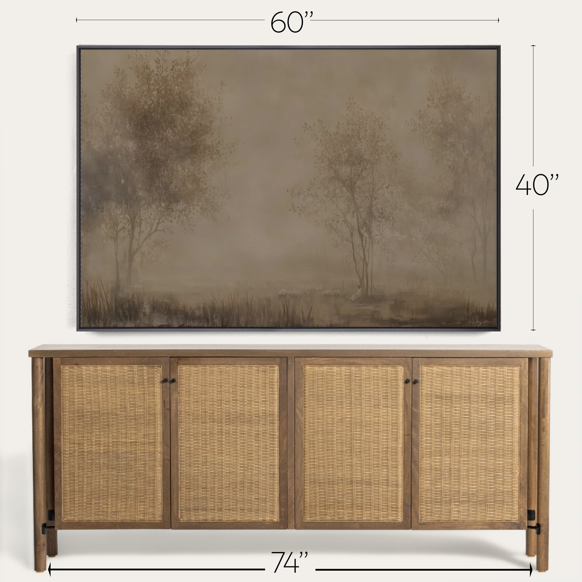 Wooden sideboard with wicker doors and a large framed landscape painting above it, with measurements indicated. 