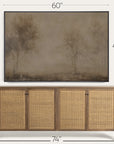 wooden sideboard with wicker doors and a large framed landscape painting above it, with measurements indicated. 