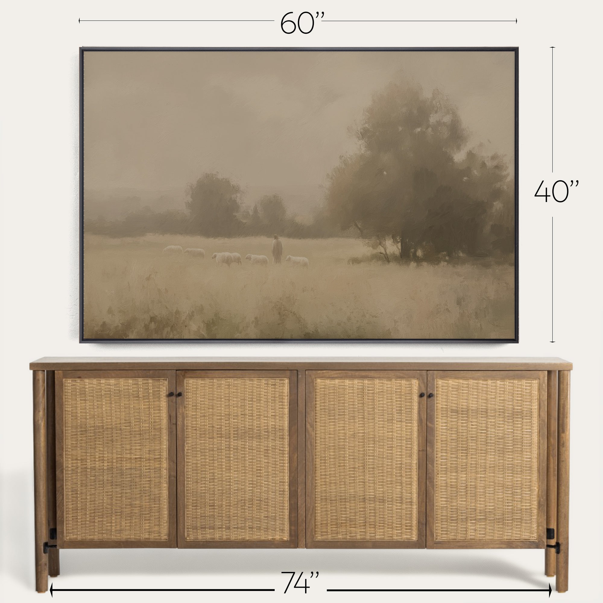 Framed landscape painting above a wooden sideboard with dimensions indicated. 