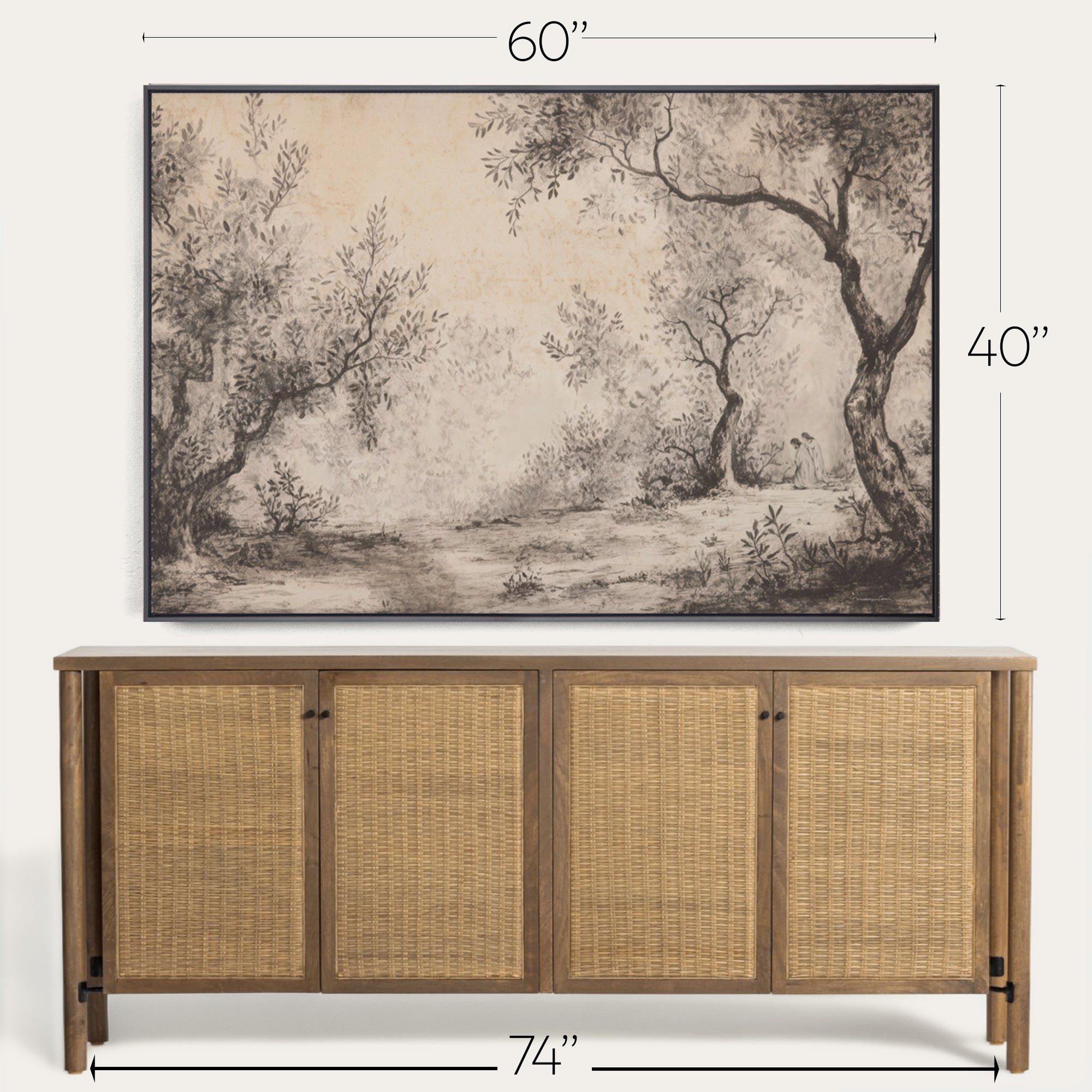 Wicker sideboard with dimensions displayed above a landscape painting 